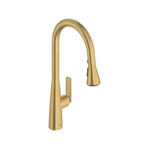 Aspirations 18 in. Single Handle Pull Down Triple Sprayer Kitchen Faucet with 360° Swivel Spout in Brushed Gold
