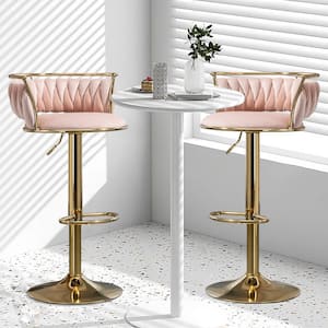 38.5 in. Pink Low Back Metal Frame Swivel Adjustable Height Bar Stool with Velvet Seat (Set of 2)