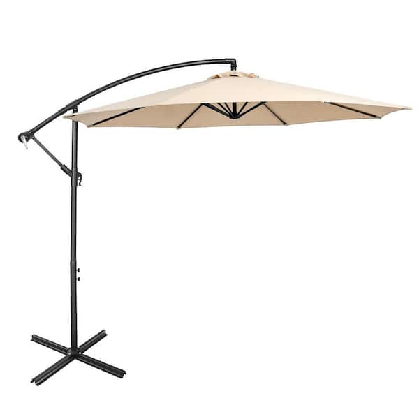 WELLFOR 10 ft. Steel Cantilever Tilt Patio Umbrella with 8 Ribs and Cross Base in Beige