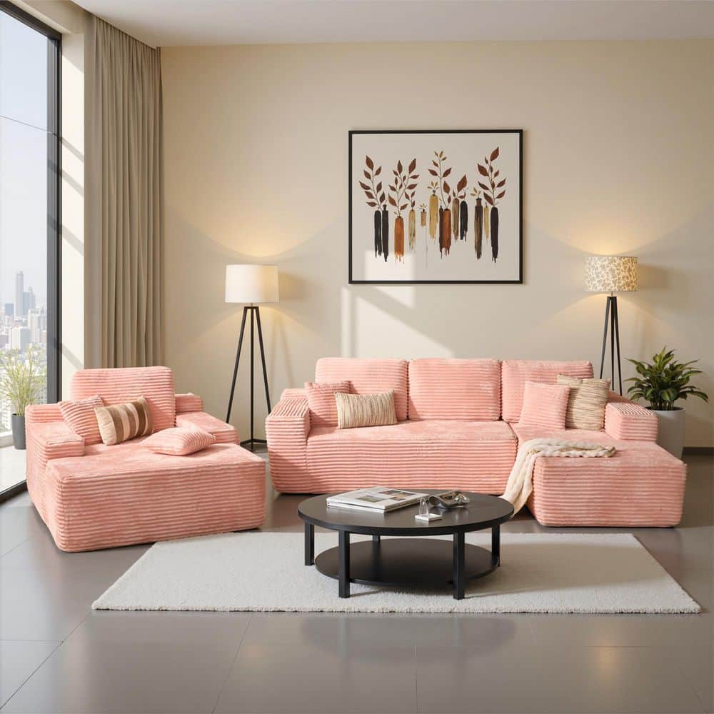 Lettu 104 in. Wide Arm 3-Piece Plush Corduroy L-Shaped Modular Sectional Sofa Set with Right Chaise Lounge in Pink price history on PriceWatchPro