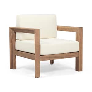 Davion Brown Washed Wood Outdoor Club Chair with Biege Cushions
