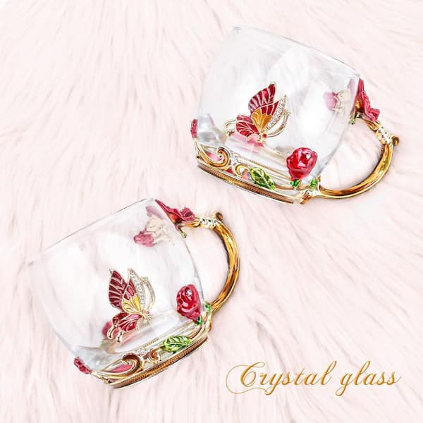 Wudkey Handmade 12 oz. Butterfly and Red Rose 3D Enamel Glass Mug with Spoon, Red Glass Coffee Cup, Gift for Women