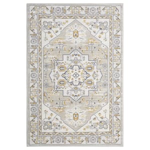 Beige 5 ft. x 7 ft. Washable Floral Indoor Living Room Area Rug