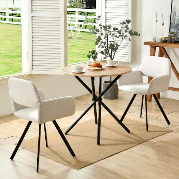 CALIFONTANA 3-Piece Natural Oak Round Wood Dining Table Set with 2 White Swivel Upholstered Chairs (Seats 2)