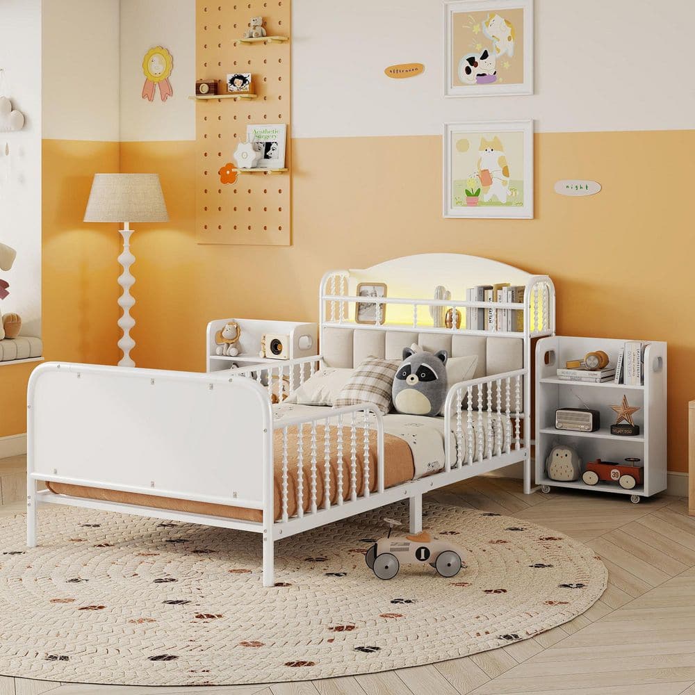 Xandrelle White Metal Frame Twin Platform Bed with Velvet Upholstered Headboard, Guard Rails, Pull Out Storage Shelves