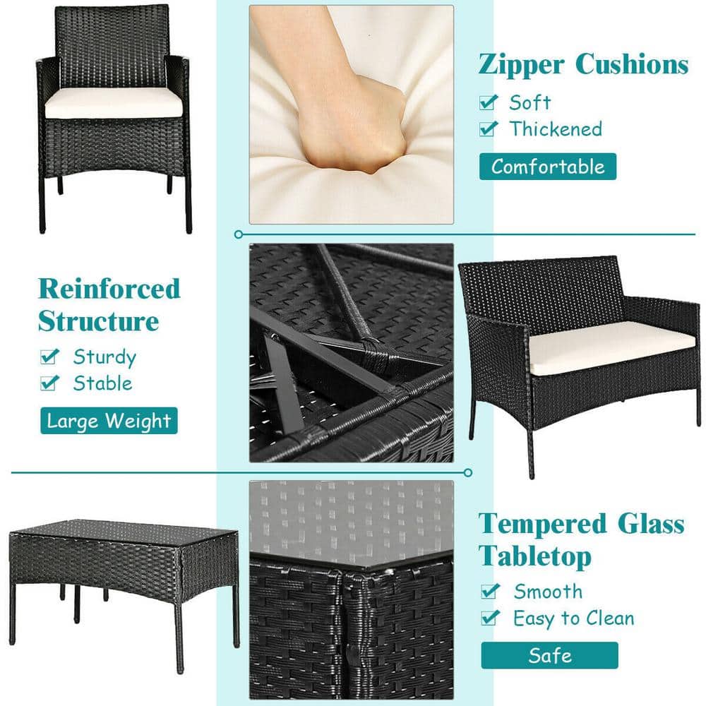 Modern Black Wicker 4-Piece Patio Set with White Cushions