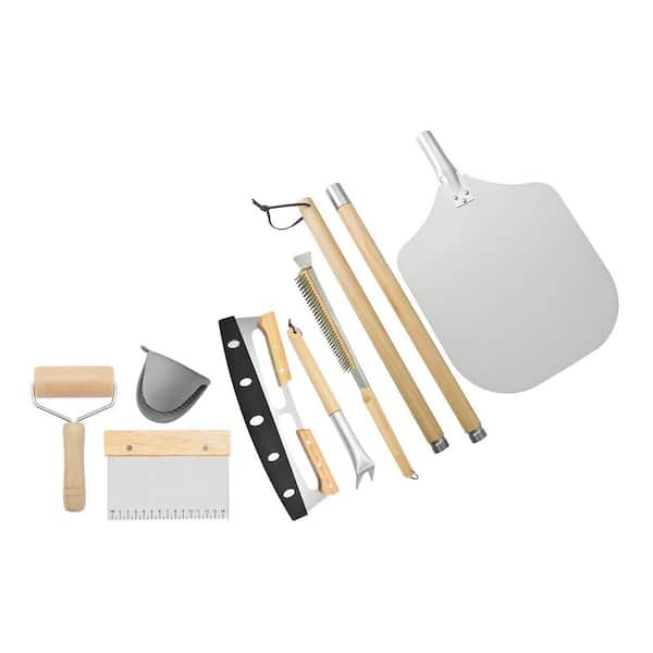 Stainless Steel 7-Piece Pizza Oven Accessory Set with Shovel, Brush, Cutter, Roller, and Silicone Clamp