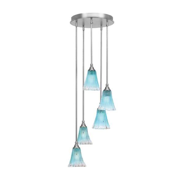 Unbranded Villa 5 Light Brushed Nickel Pendant, Cluster Pendant Light with 5.5 in. Teal Crystal Glass Shades, No Bulbs Included