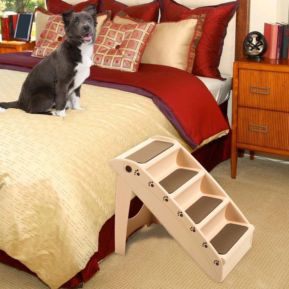 Foldable Tan Plastic 4-Step Pet Stairs with Foam Tread