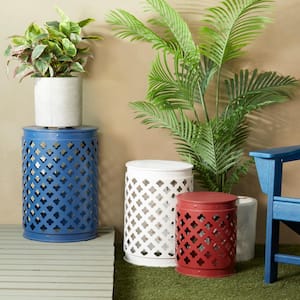 16 in. Multi Colored Round Iron Indoor Outdoor Stackable Nesting End Table with Laser Carved Trellis Design 3-Pieces