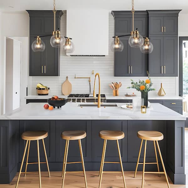 18 in. 3-Light Modern Polished Brass Chandelier, Black Kitchen Island Pendant Light, Seeded Glass Dining Room Chandelier