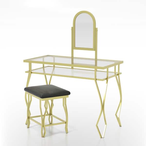 Furniture of America Helene 2-Piece Champagne Vanity and Stool Set