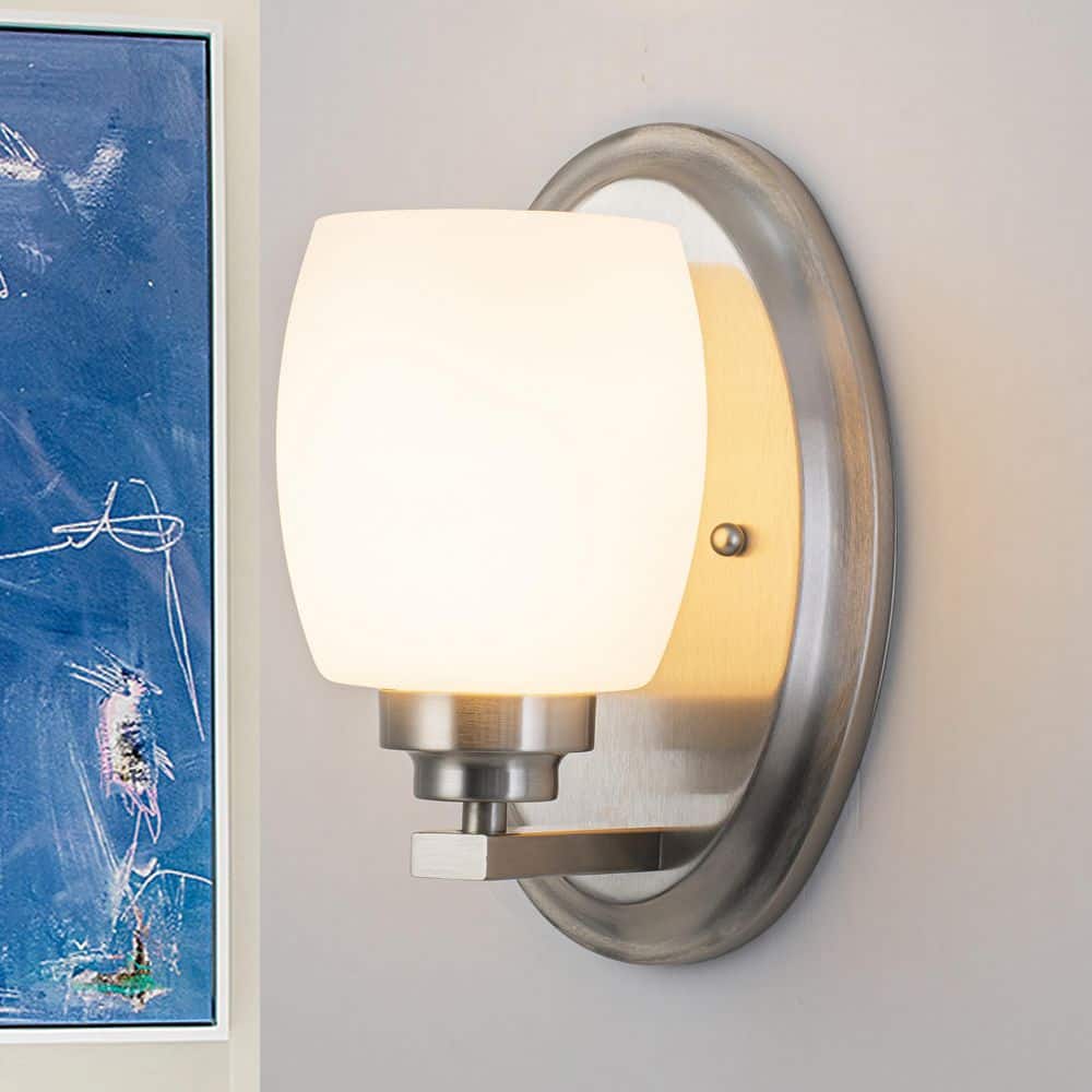 5 in. 1-Light Satin Nickel Vanity Light Wall Sconce with White Opal Glass (1-Pack) price history on PriceWatchPro