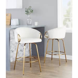 Claire 26.25 in. Cream Velvet and Gold Metal Fixed-Height Counter Stool with Round Footrest (Set of 2)