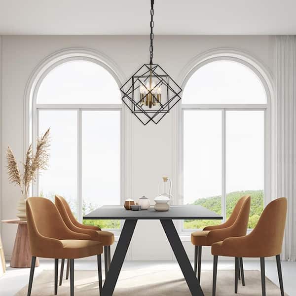 Industrial 4-Light Black and Gold Modern Irregular Geometric Metal Cage Chandelier for Kitchen Island Dining Room