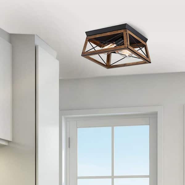 Hukoro Mousse 12 in. W. 2-Light Flush Mount with Matte Black Finish and Barnwood Accents