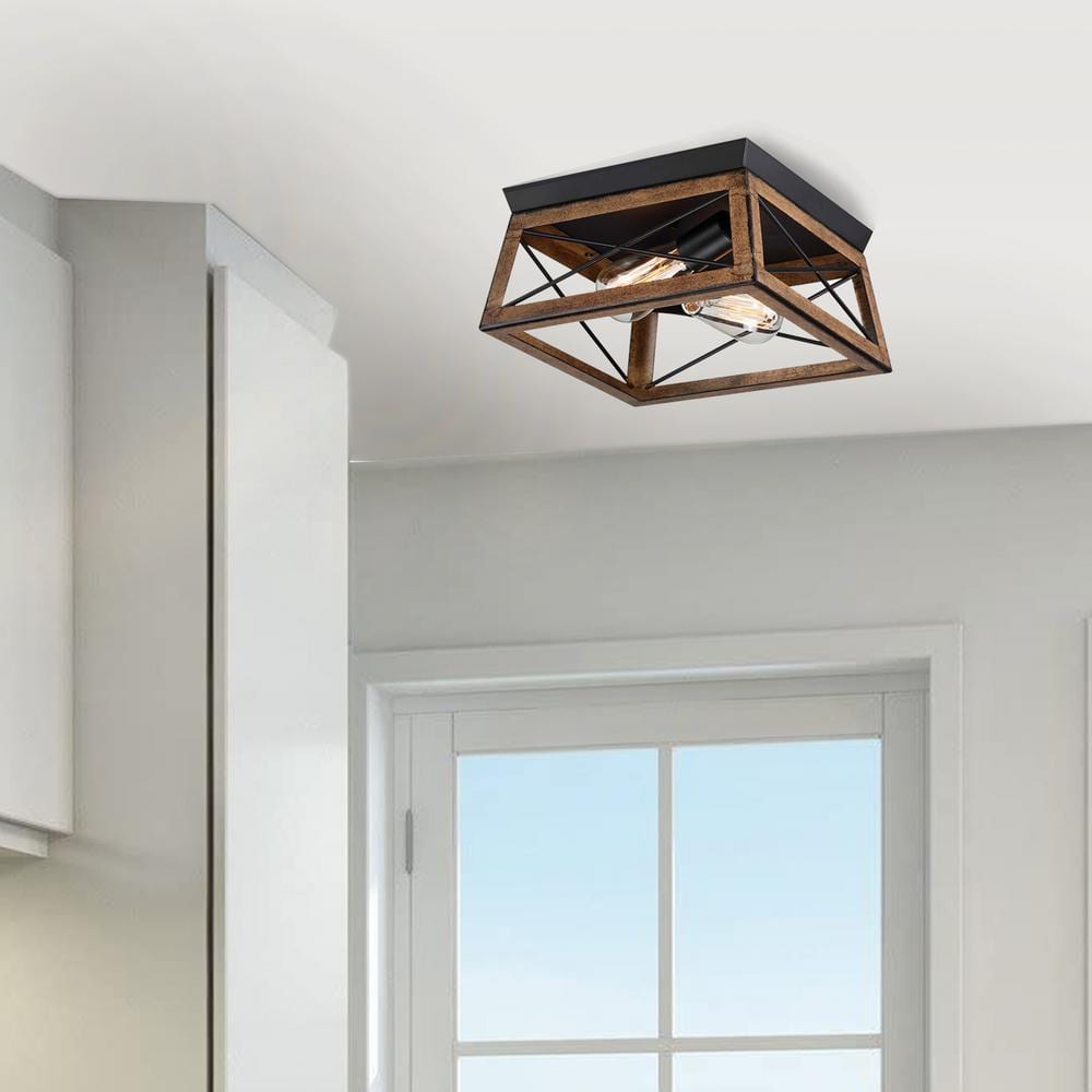 Matte Black and Barnwood 2-Light Farmhouse Flush Mount