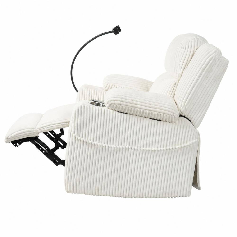 Side view of a beige corduroy power recliner chair fully reclined.