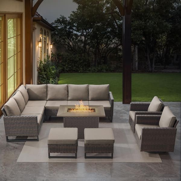 U-Weave 8-Piece Brown Wicker Outdoor Rectangular Fire Pit Conversation Set with Gray Cushions and Sectional Sofa