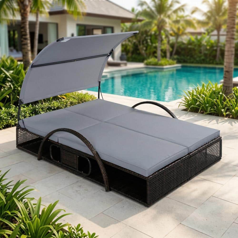 Outdoor Steel Frame Sun Lounger with Adjustable Backrest and Gray Cushions,Hidden Side Table