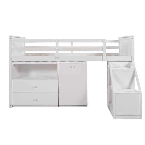 White Twin Size Loft Bed with Storage Steps and Portable Desk ZY ...