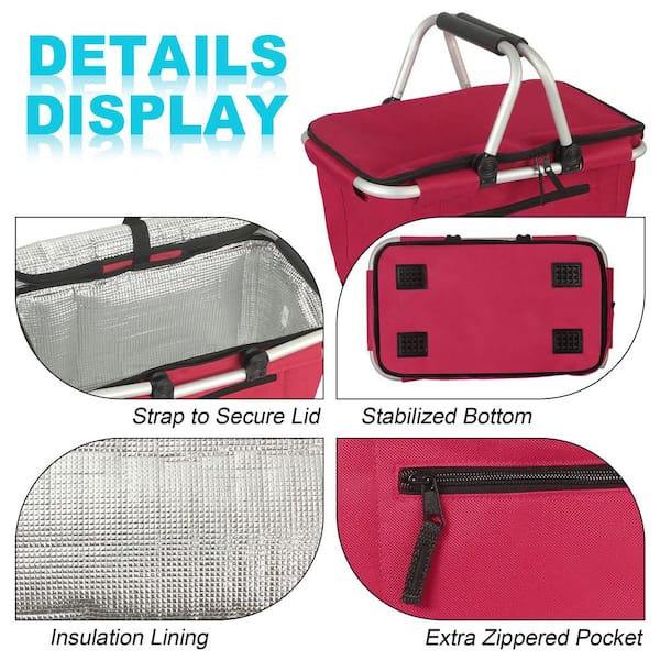 Wudkey Collapsible Polyester Picnic Basket with Lid and Handles