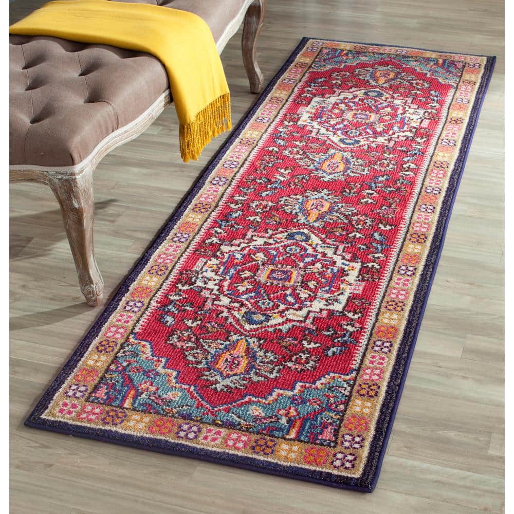 Boho-Chic Red & Turquoise Floral Synthetic Runner Rug - 2'2" x 6'