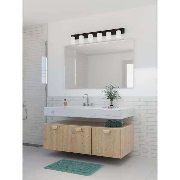 Merry Collection 48 in. 6-Light Matte Black and Etched Glass Transitional Style Bath Vanity Light