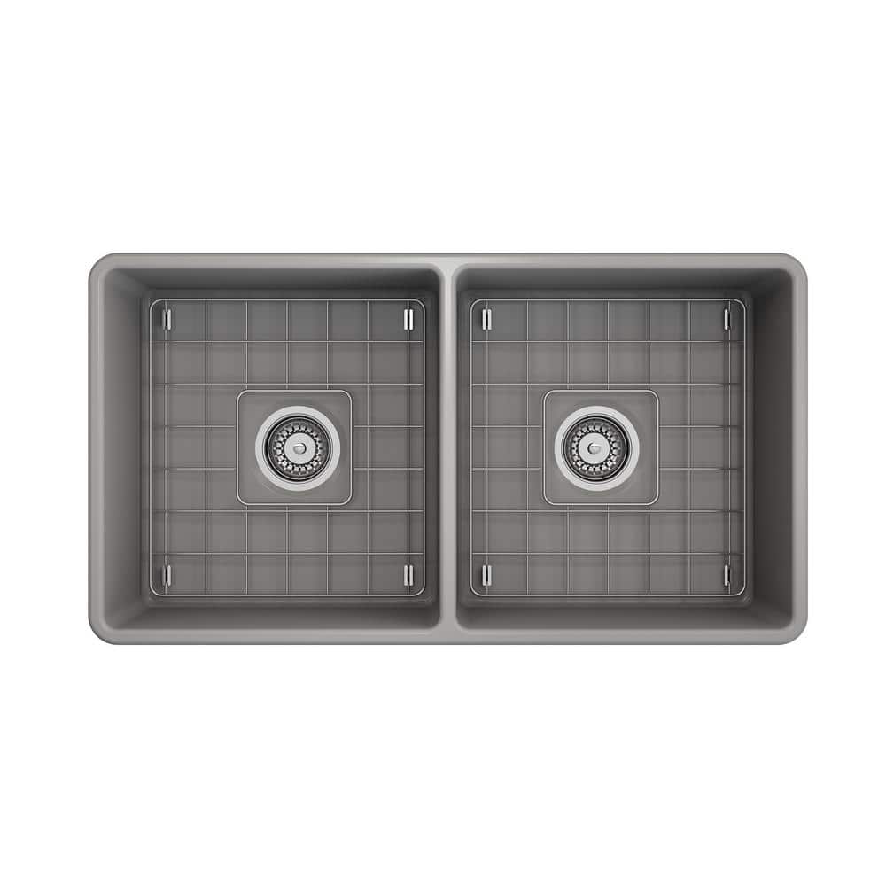 Matte Gray Fireclay Double Bowl Farmhouse Kitchen Sink