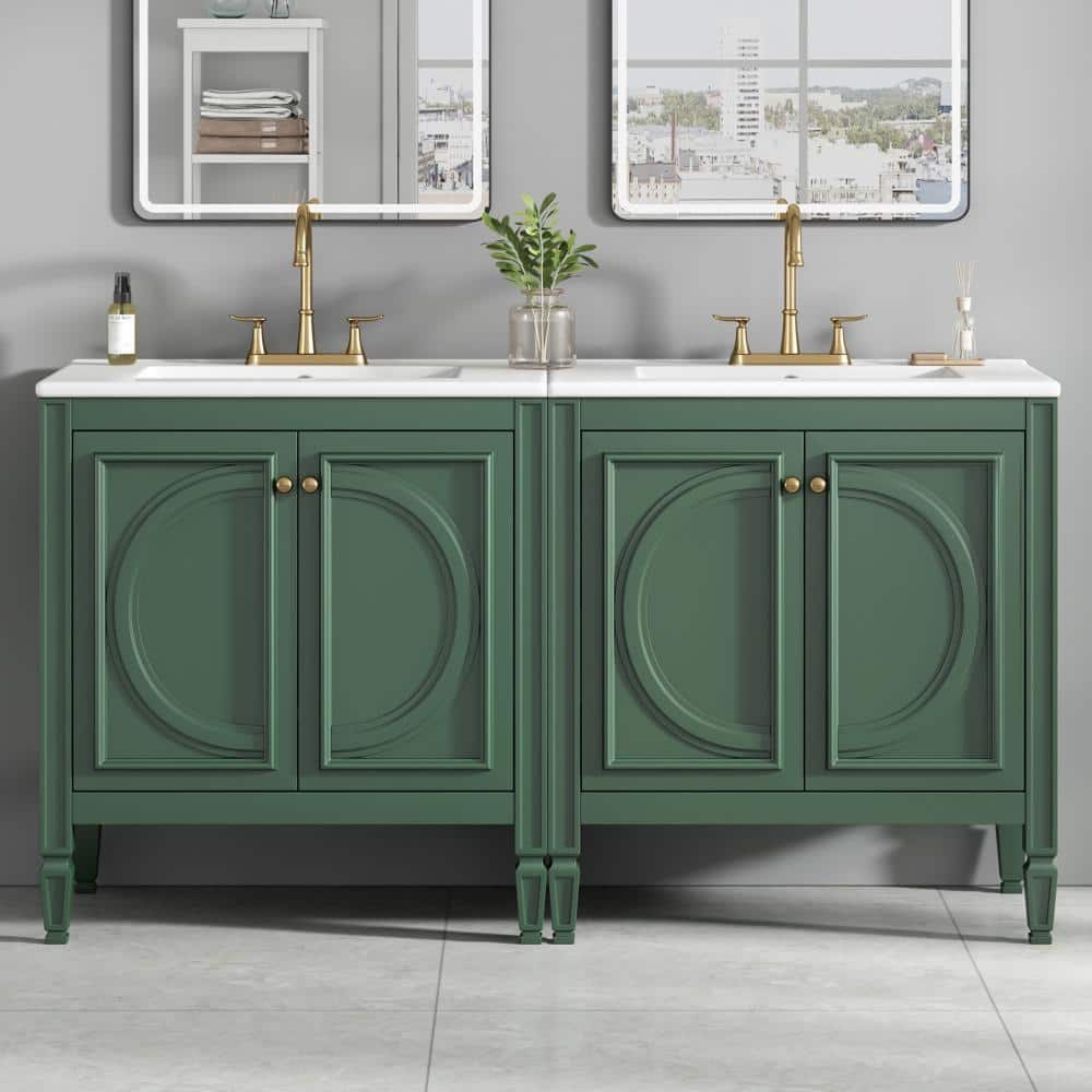 60 in.Double Sink Green Fluted Freestanding Bathroom Vanity with White Ceramic Top,4 Soft-Close Door,2 Drawer price history on PriceWatchPro