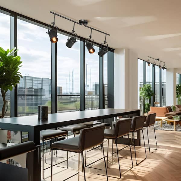 Modern Industrial Black Fixed Track Lighting Kit 4-Light Linear Task Light with Rotatable Cylinder Heads, LED Compatible