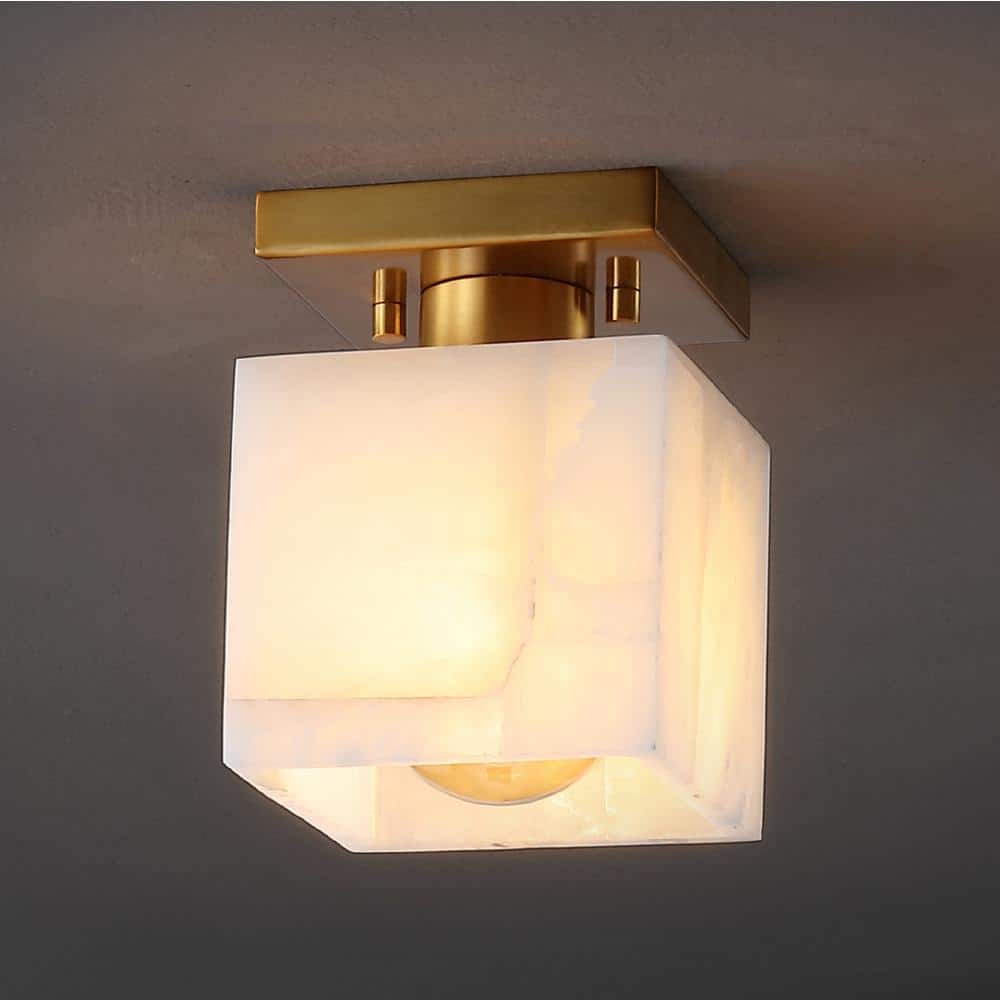 Alessia 5 in. 1-Light Modern Contemporary Alabaster/Iron Cube LED Semi Flush Mount, White Marbling/Brass Gold price history on PriceWatchPro