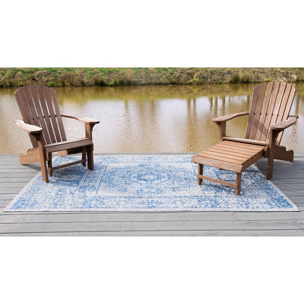 Blue Rectangular Stain-Resistant Outdoor Rug