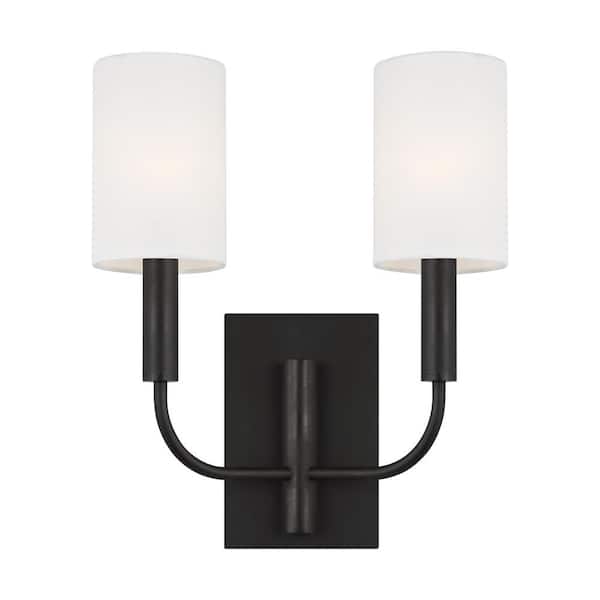 Generation Lighting Brianna 2-Light Aged Iron Wall Sconce with White Linen Fabric Shades