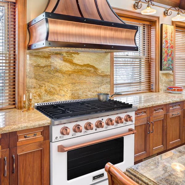36in. 6 Burners Freestanding Gas Range in White and Copper with Convection Fan Cast Iron Grates and Black Enamel Top