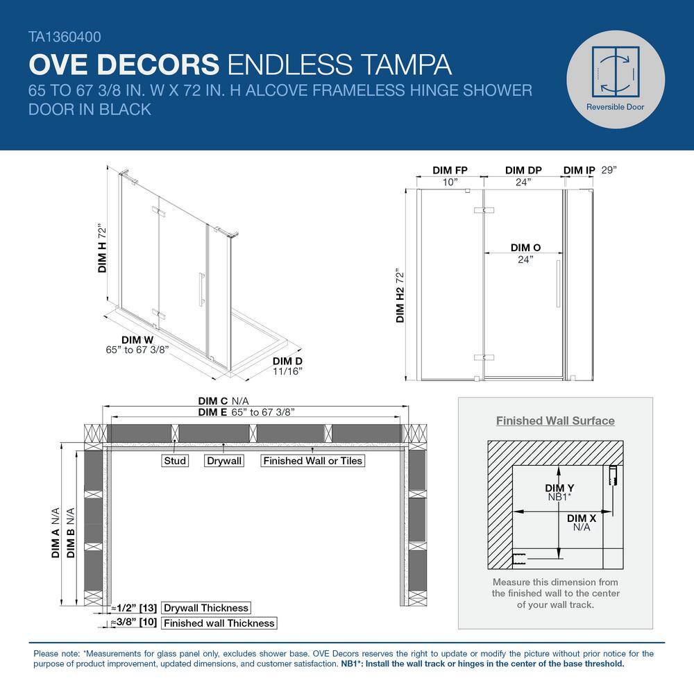 Tampa 67" Black Frameless Alcove Shower Kit with Tempered Glass