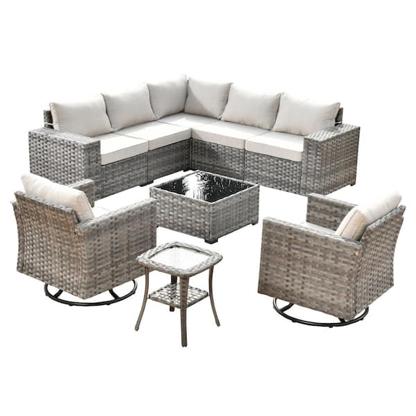 Beatrice 9-Piece Wicker Patio Conversation Seating Sofa Set with Beige Cushions and Swivel Rocking Chairs