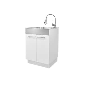 24 in. W x 21 in. D x 34 in. L Freestanding Stainless Steel Apron-Front Laundry Sink with Faucet and Cabinet in White