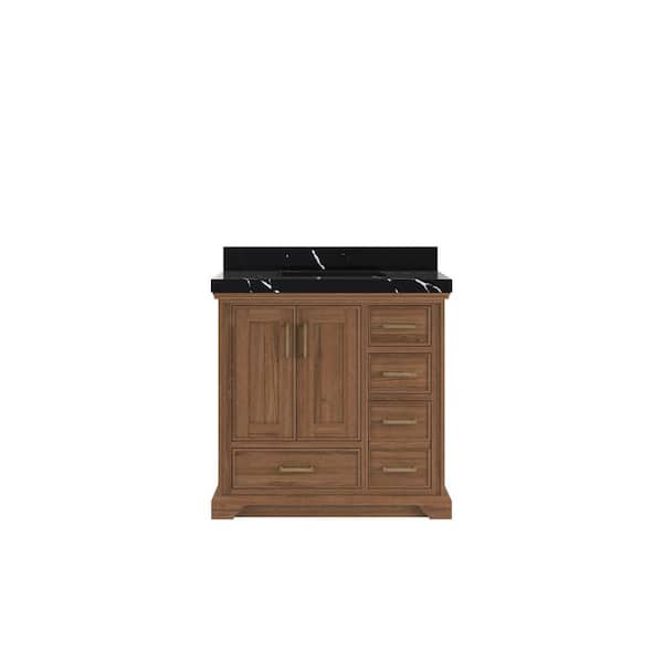 Willow Collections Charlotte Teak 36 in. W x 22 in. D x 36 in. H Center Sink Bath Vanity in Dark Natural with 2 in. Calcutta Black Qt. Top