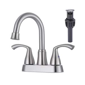 4 Centerset Double Handle High Arc Bathroom Faucet with Drain in Brushed Nickel