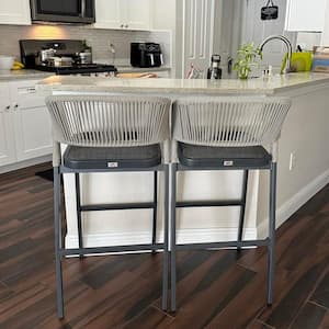 Modern Aluminum Low Back Rattan Counter Height Outdoor Bar Stool with Backrest and Dark Gray Cushion (2-Pack)