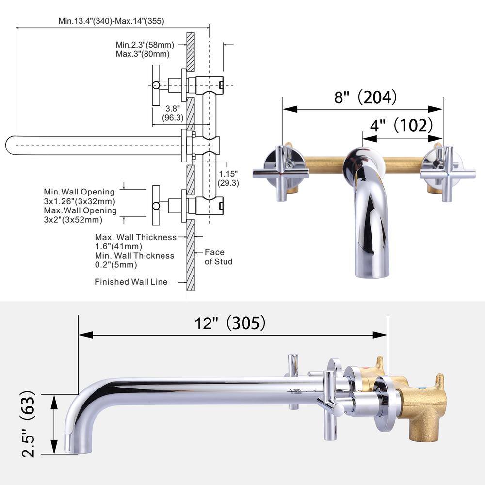 Chrome Wall-Mounted Double Handle Tub Faucet with Brass