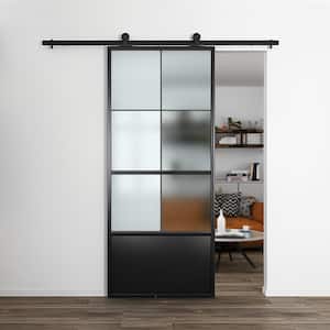 36 in. x 84 in. 6 Lite Frosted Glass Black Steel Sliding Barn Door with Hardware Kit