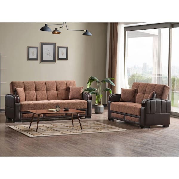Maya Collection Convertible 62.59 in. Brown Chenille 2-Seat Loveseat with Storage