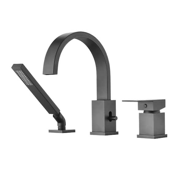 Waterfall Bathtub 1 Handle Bidet Faucet with Sprayer, with Hand Shower Deck Mount Waterfall Tub Spout Set in Black