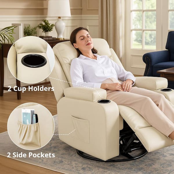 ComHoma White Recliner Chair Faux Leather Rocking Chair with Cup