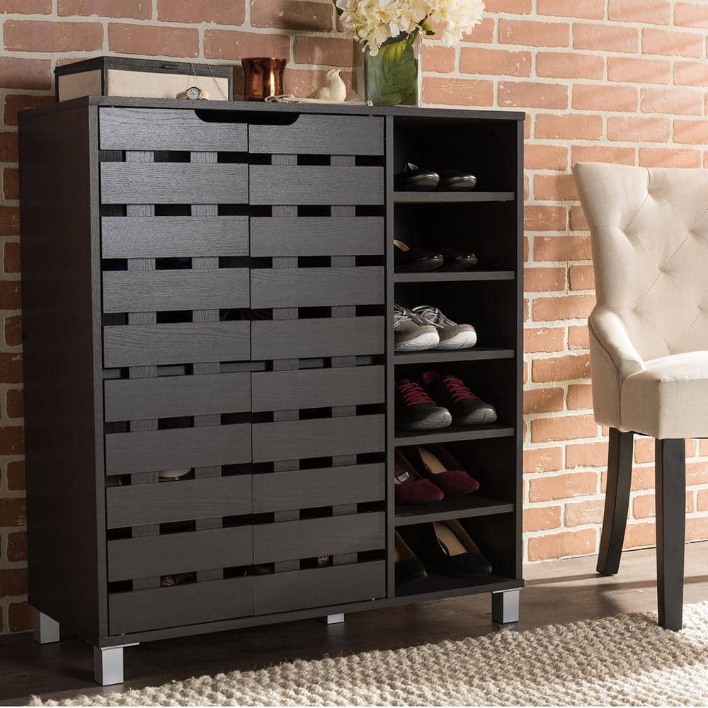 Shirley Dark Brown Wood and Metal 2-Door Shoe Cabinet with Open Shelves