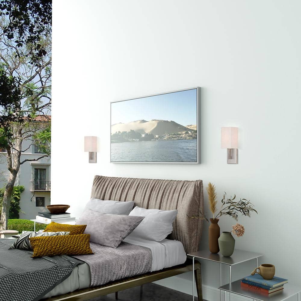 Meridian Brushed Nickel Dimmable 1-Light Wall Sconce with Oatmeal Shade