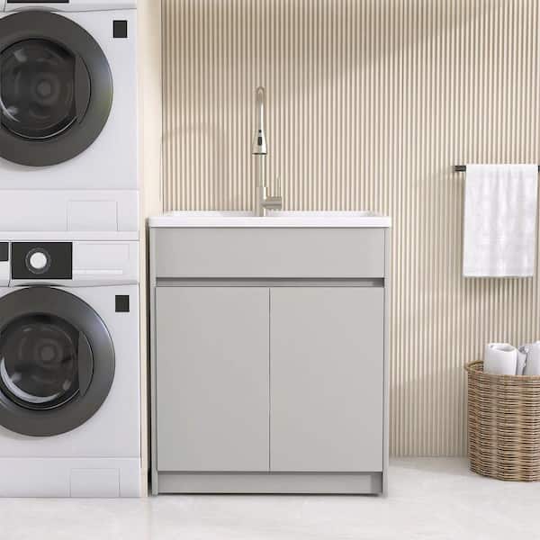 30 in. W x 22 in. D Solid Surface Drop-In Laundry/Utility Sink and Cabinet without  Faucet and Drain in Light Gray