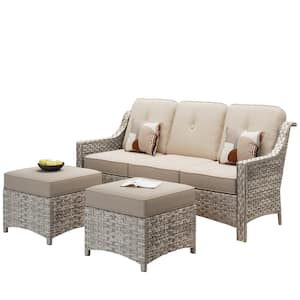 Eureka Grey 3-Piece Modern Wicker Outdoor Patio Conversation Sofa Seating Set with Beige Cushions
